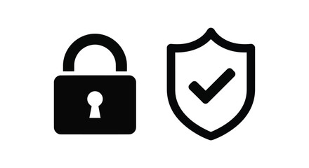 Vector illustration of security icon features a padlock and shield with a checkmark, symbolizing protection, safety, and secure access