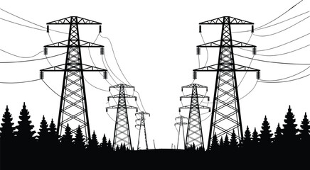 High voltage power transmission towers silhouette, electric pylons in forest landscape, electricity distribution network illustration, energy infrastructure vector art design