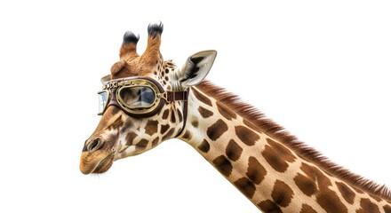 Obraz premium giraffe wearing goggles on it's head on a solid white background