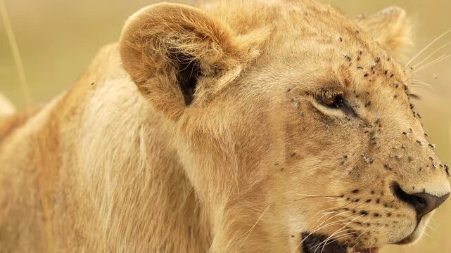 An extreme close-up of a young lion tolerating a cloud of flies around its face, illustrating the harsh, authentic reality of wildlife in the African savanna.