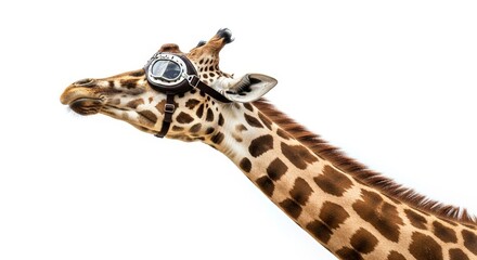 Obraz premium giraffe wearing goggles on it's head on a solid white background