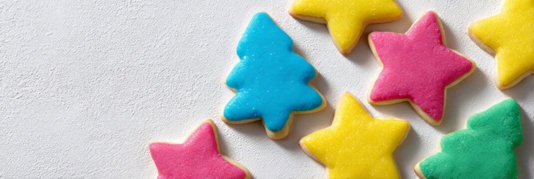 Colorful sugar cookies in festive star and tree shapes, embody joyful whimsy for Winter Solstice and Diwali celebrations