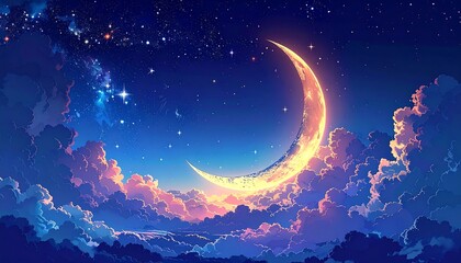 Crescent moon shines amidst clouds and stars in a vivid night sky
