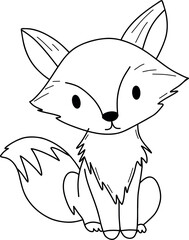 A vector children coloring page with fox drawn in soft friendly outlines, minimal composition, large clear spaces for coloring, perfect for kids print materials. Vector illustration