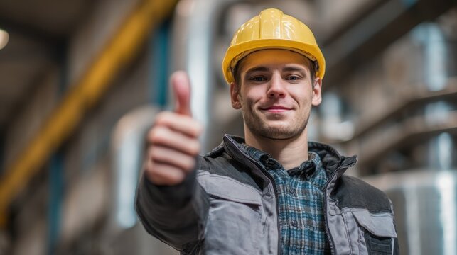 Engineer in a factory giving a thumbs up while wearing a safety helmet