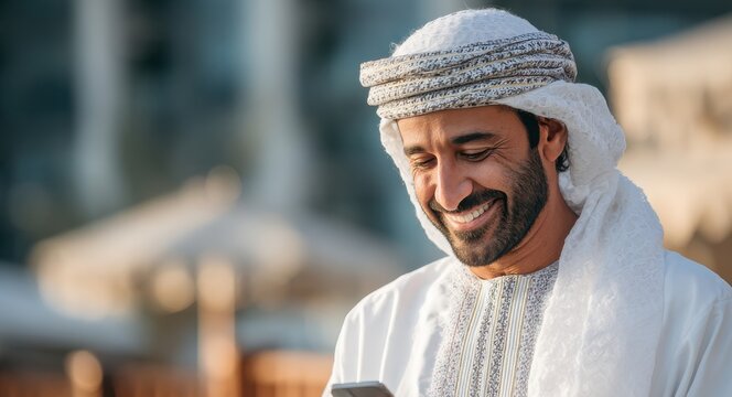 Emirati businessman in kandora smiles while using his phone
