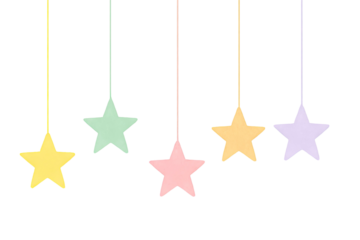 Pastel hanging star decorations for party or festive backdrop design with soft colorful tones and minimalist aesthetic, isolated on white background