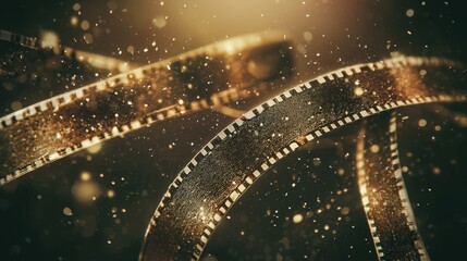 An artistic representation of golden film reels swirling amidst a backdrop of sparkling light and dust, creating a sense of motion and nostalgia.