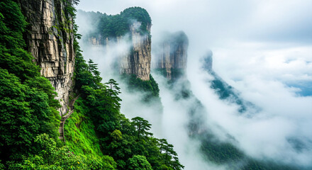 Epic misty landscape of towering Zhangjiajie cliffs, lush forest, and mountain walkway