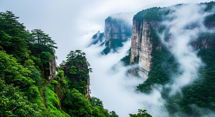 Foggy green steep mountains, an extraordinary sight of nature