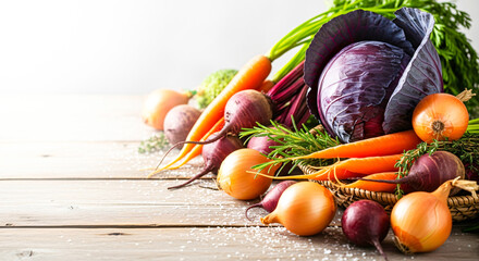 Fresh organic root vegetables and red cabbage on a bright rustic wooden table with herbs
