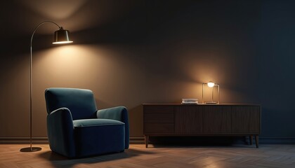 Dark room corner with comfy blue armchair. There is floor lamp near chair and table lamp on wooden commode with books. Aesthetic interior with moody lightning.