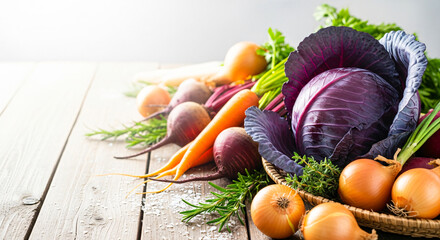 Fresh organic vegetables assortment with red cabbage carrots beets onions and herbs on rustic wooden table