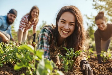 Group of happy young people working together in a rural community garden, planting fresh organic vegetables for healthy living