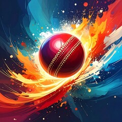 Cricket ball amidst abstract explosion of vibrant colors