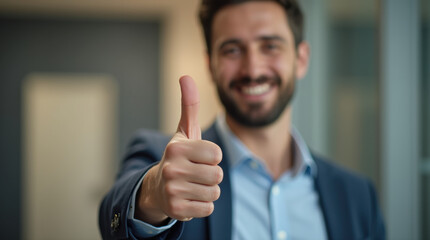 Positive customer showing thumb up in approval.