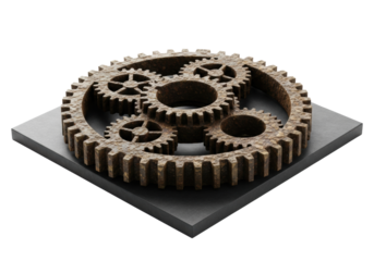 heavy, corroded bronze emblem with jagged gears, deep pitting, verdigris, on dark grey square, white background, copy space, dramatic shadows, industrial decay concept