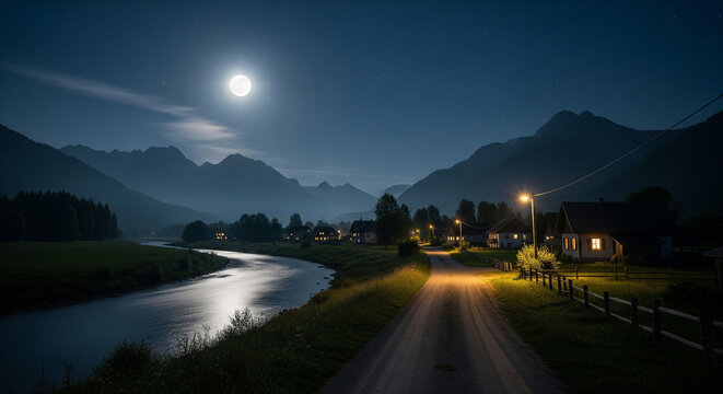 Peaceful night landscape with river, village and mountains under moonlight.