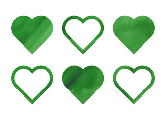 水彩テクスチャのある緑色のハートのセット素材