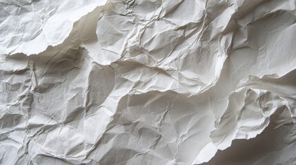 Obraz premium A close-up of a crumpled white paper texture, showcasing the intricate folds and creases that create a dynamic surface. It captures the play of light.