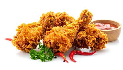 Crispy golden fried chicken pieces with sauce and chilies