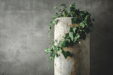 A tall, textured concrete planter features trailing green ivy against a muted gray backdrop
