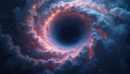 Dark vortex with swirling clouds of pink and blue hues. Glowing sparks appear within the cosmic storm. Appears like a portal to space or a nebula.