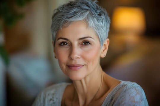 Confident senior woman with short gray hair looking at camera and smiling gently, representing natural aging and wellbeing - Powered by Adobe