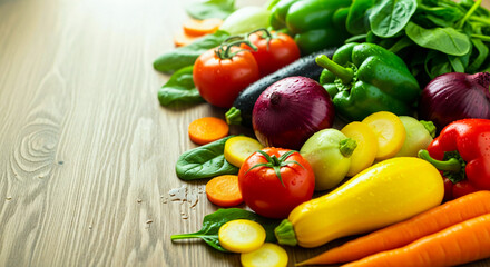 Assortment of vibrant fresh vegetables including tomatoes, peppers, onion, and squash on wood