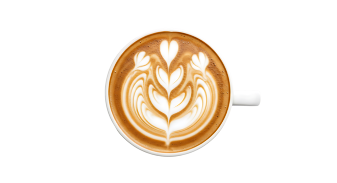 Latte art isolated on transparent background, a beautiful coffee creation from above