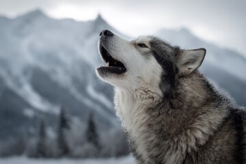 Fototapeta premium Majestic Alaskan Malamute Howling in Frosty Mountain Landscape
