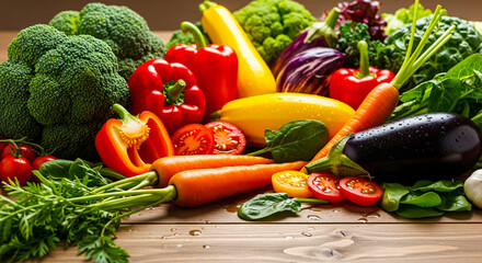 Colorful assortment of fresh wet vegetables broccoli, carrots, eggplant, peppers, and tomatoes