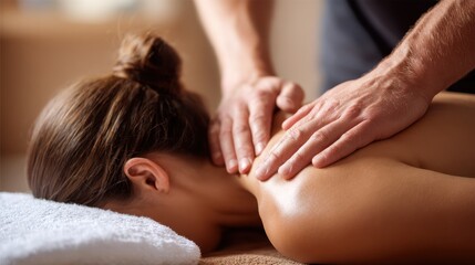 Intensive muscle therapy Practitioner s hands treating a woman s shoulder