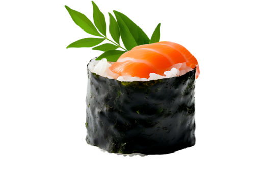 Delectable salmon gunkan maki sushi with fresh green garnish, perfect for culinary promotions and Japanese food enthusiasts - Powered by Adobe