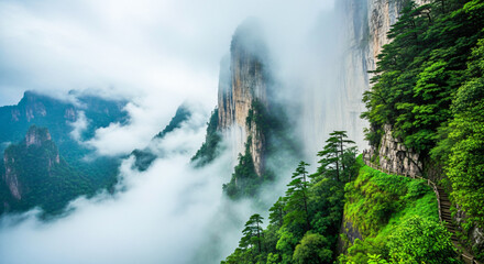 Dramatic vista of mist-shrouded vertical cliffs and lush green forest in Zhangjiajie China