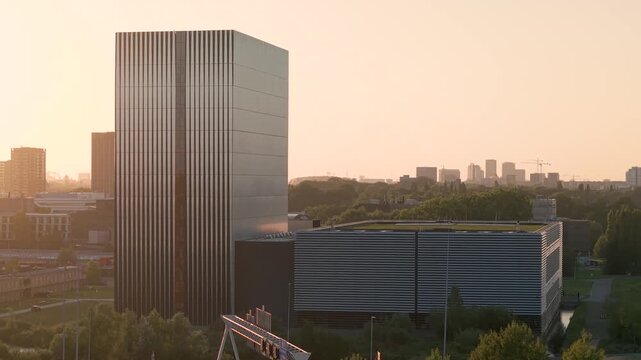 Aerial view of the futuristic data center tower in The Netherlands by sunset