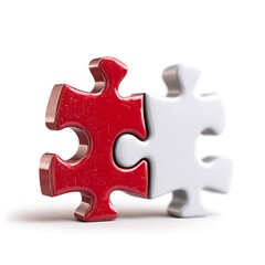 Obraz premium Two puzzle pieces interlocked together, a symbol of unity and partnership. One puzzle piece is red, the other white.
