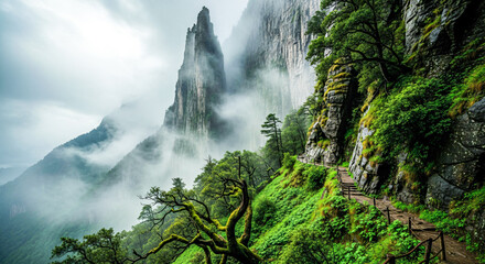 Dramatic misty landscape A narrow mountain trail beside lush cliffs and a towering rock pinnacle