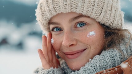 Joyful attractive young woman applying winter skin protection