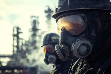 Industrial workers wearing full face respirators and hard hats, standing at a chemical plant with steam in background