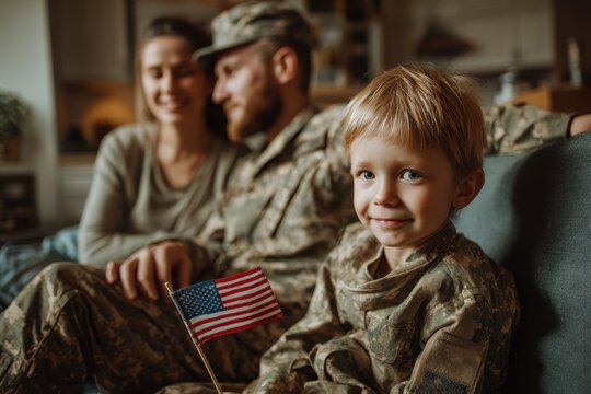 Joyful child with U S flag beside parents in military attire on sofa at home