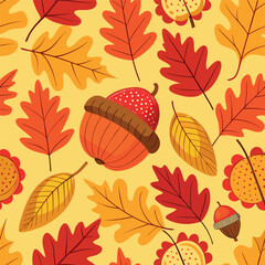 Autumn pattern with colorful leaves and acorns on a warm background
