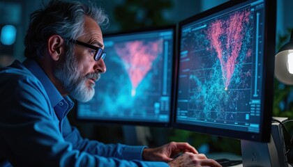 Expert in glasses analyzes seismic data on computer monitors. Pro seismologist researches charts diagrams and information in lab. Scientist works with software to study digital data.