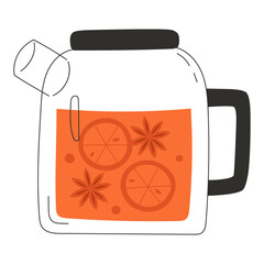 Transparent teapot with hot autumn herbal tea with spices and citrus fruits