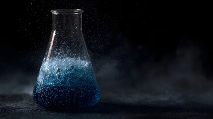 A conical flask contains a vibrant blue liquid with numerous bubbles suggesting a dynamic chemical reaction in a laboratory setting