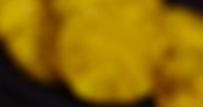 dried ripe bright pineapple fruits on a black slate board, cut into rings and dried yellow clean slices of ripe pineapple for long-term storage and used as a sweet
