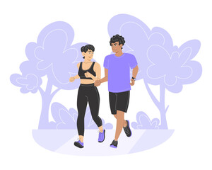 Interracial young couple jogging together in park for healthy active lifestyle