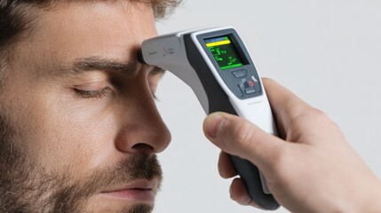 Contactless Infrared Thermometer Aiming at Forehead in Studio Setting