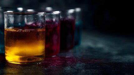 Vibrant colored liquids in small glass vials create a visually striking abstract composition