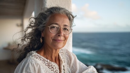 Elderly Mediterranean Woman Smiling by the Seaside in White Lace Dress